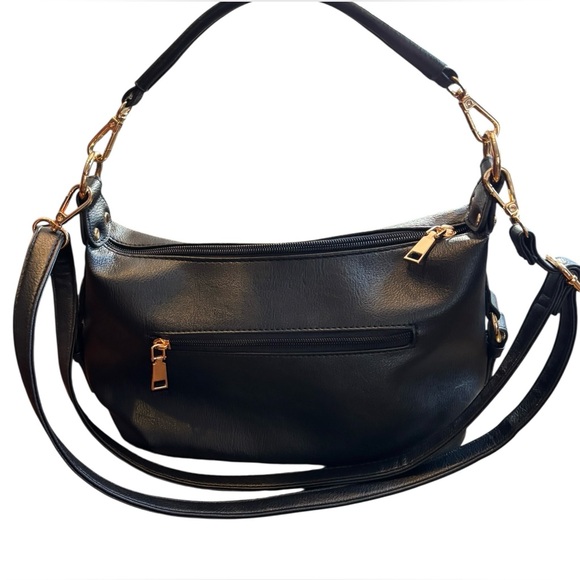 Black Faux Leather Convertible Shoulder Crossbody Bag Gold Hardware - Picture 2 of 11